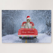 Goldendoodle Hund im Schnee sitzen in Weihnachten Puzzle (Horizontal)