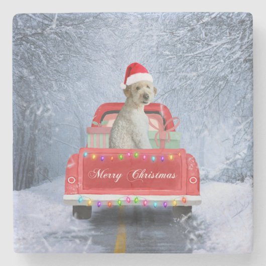 Goldendoodle Hund im Schnee sitzen in Weihnachten Steinuntersetzer (Vorderseite)