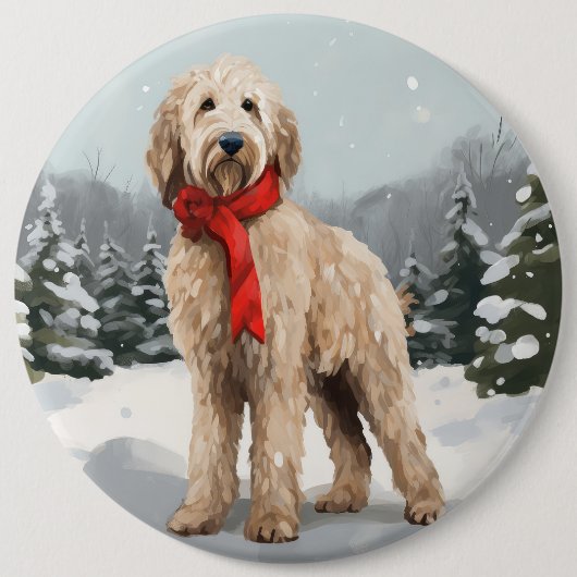 Goldendoodle Hund im Schnee Weihnachten Button (Vorderseite)