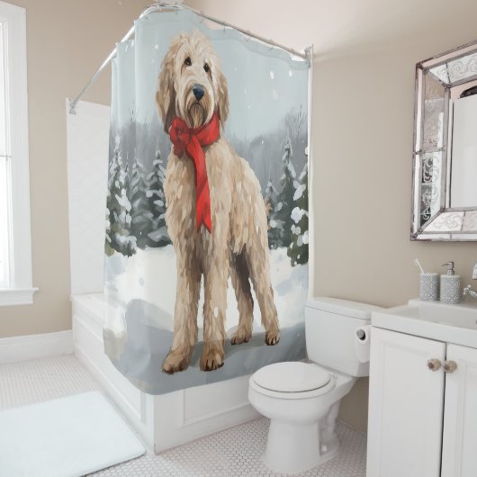 Goldendoodle Hund im Schnee Weihnachten Duschvorhang (Beispiel)