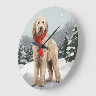 Goldendoodle Hund im Schnee Weihnachten Große Wanduhr