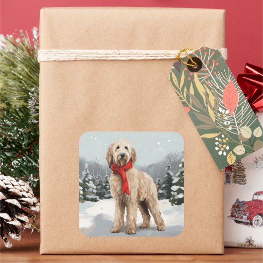 Goldendoodle Hund im Schnee Weihnachten Quadratischer Aufkleber (Feiertag)