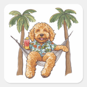 Goldendoodle-Hund in hawaiianischem Oberteil Quadratischer Aufkleber
