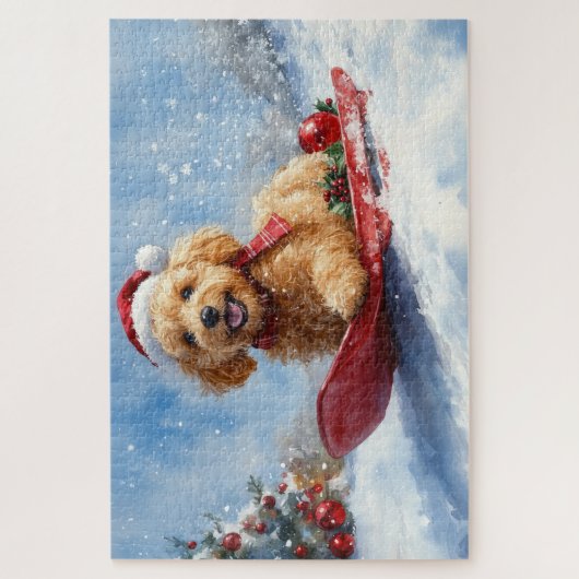 Goldendoodle Hund in Sledge Let it Schnee Weihnach Puzzle (Vertikal)