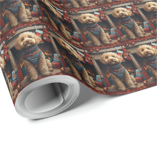 Goldendoodle Hund mit Weihnachtsgeschenken Feuerpl Geschenkpapier (Rolleneckpunkt)