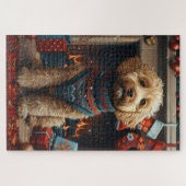 Goldendoodle Hund mit Weihnachtsgeschenken Feuerpl Puzzle (Horizontal)