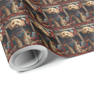 Goldendoodle-Hund mit Weihnachtsgeschenken Kamin Geschenkpapier