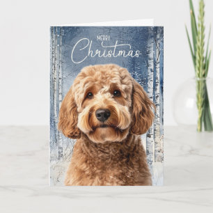 Goldendoodle Hund Schneeiger Winterwald Weihnachte Feiertagskarte