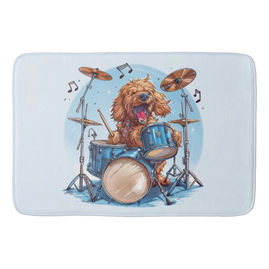 Goldendoodle Hund spielt Schlagzeug Badematte (Vorderseite)