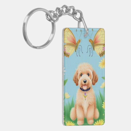 Goldendoodle im Garten Schlüsselanhänger (Vorderseite links)