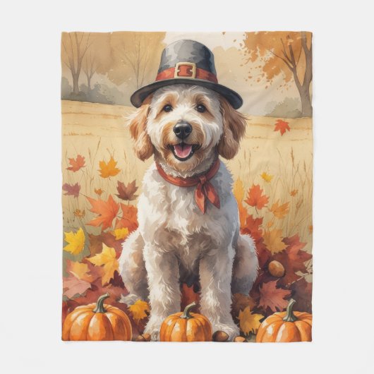 Goldendoodle im Herbst belebt Erntedank Kunst Fleecedecke (Vorderseite)