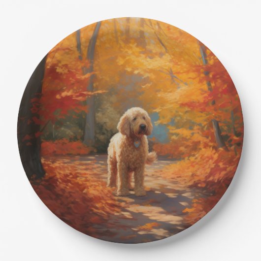 Goldendoodle im Herbst Leaves Fall Inspiriert Pappteller (Vorderseite)