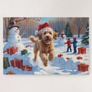 Goldendoodle läuft im Schnee mit Weihnachtshut Puzzle