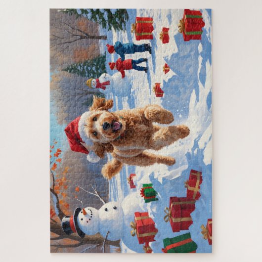 Goldendoodle läuft im Schnee mit Weihnachtshut Puzzle (Vertikal)