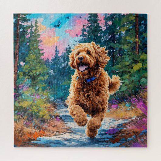 Goldendoodle läuft im Wald Puzzle (Vertikal)
