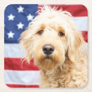Goldendoodle mit amerikanischer Flagge Rechteckiger Pappuntersetzer