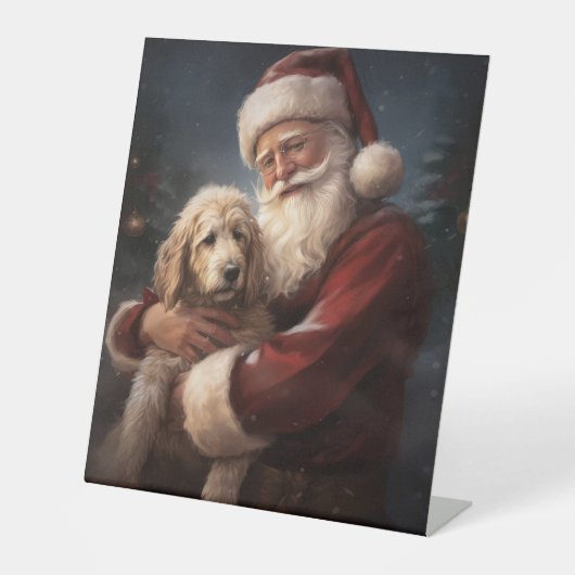 Goldendoodle mit dem Weihnachtsmann Weihnachten Sockelschild (Vorderseite)