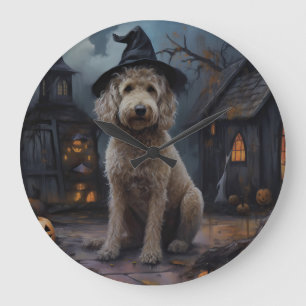 Goldendoodle Pumpkins Halloween Beängstigend Große Wanduhr