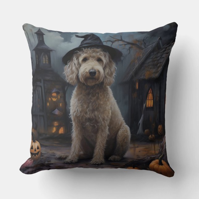 Goldendoodle Pumpkins Halloween Beängstigend Kissen (Vorderseite)