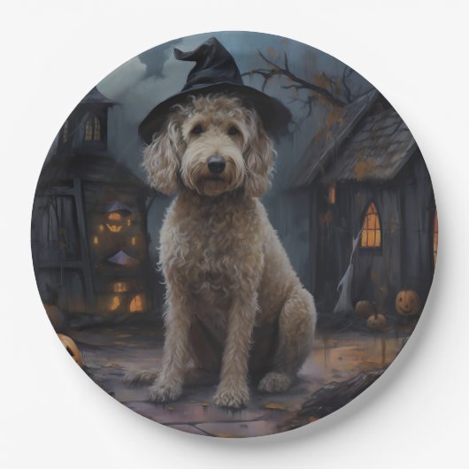 Goldendoodle Pumpkins Halloween Beängstigend Pappteller (Vorderseite)