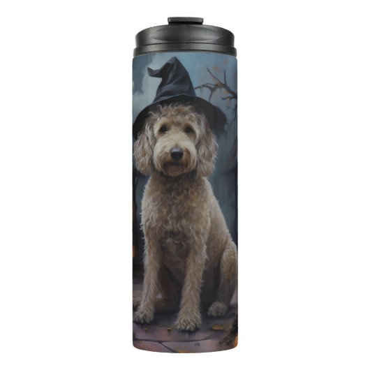 Goldendoodle Pumpkins Halloween Beängstigend Thermosbecher (Vorderseite)