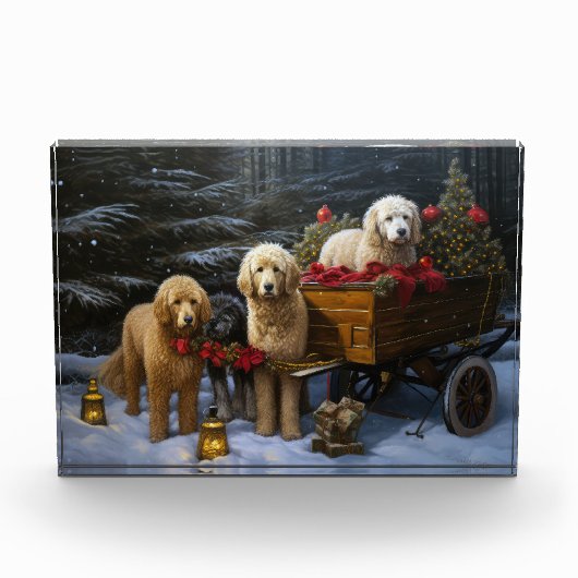 Goldendoodle Snowy Sleigh Weihnachtsdekor Fotoblock (Vorderseite)