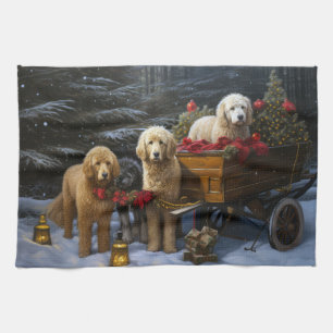 Goldendoodle Snowy Sleigh Weihnachtsdekor Geschirrtuch