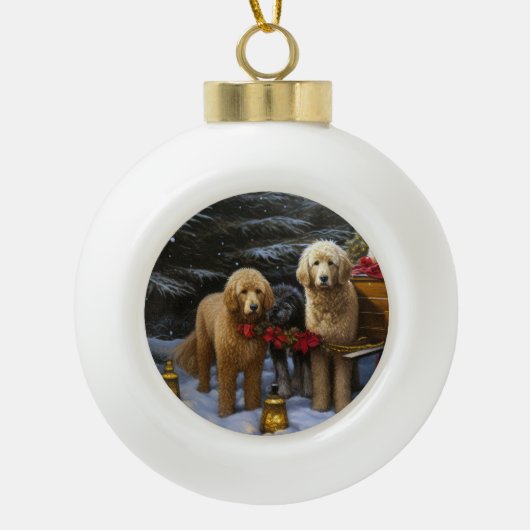 Goldendoodle Snowy Sleigh Weihnachtsdekor Keramik Kugel-Ornament (Vorderseite)