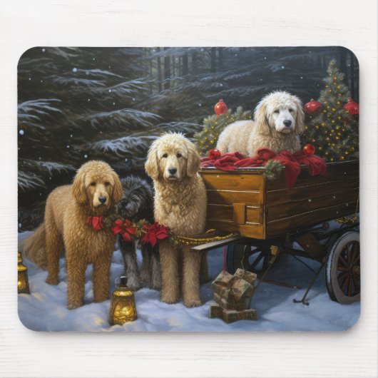 Goldendoodle Snowy Sleigh Weihnachtsdekor Mousepad (Vorne)