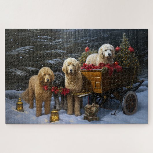 Goldendoodle Snowy Sleigh Weihnachtsdekor Puzzle (Horizontal)