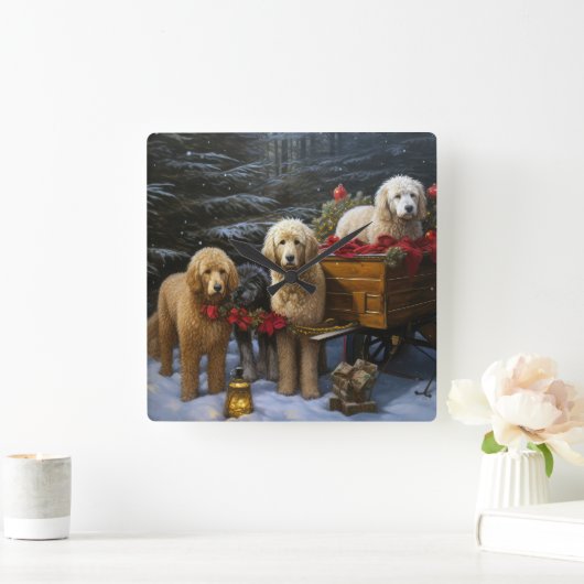 Goldendoodle Snowy Sleigh Weihnachtsdekor Quadratische Wanduhr (Zuhause)