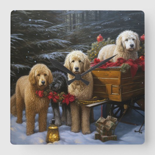 Goldendoodle Snowy Sleigh Weihnachtsdekor Quadratische Wanduhr (Vorderseite)
