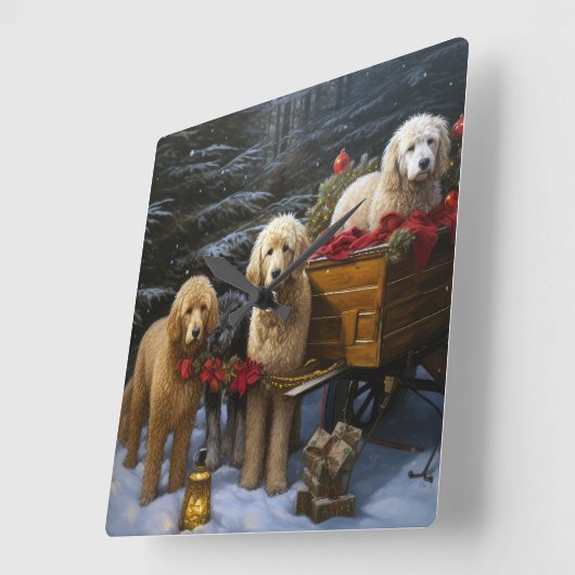 Goldendoodle Snowy Sleigh Weihnachtsdekor Quadratische Wanduhr (Winkel)