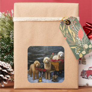 Goldendoodle Snowy Sleigh Weihnachtsdekor Quadratischer Aufkleber