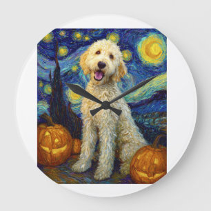 Goldendoodle Süßer Hund Halloween Jack O Lantern K Große Wanduhr