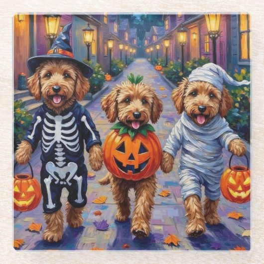Goldendoodle-Trick-oder-Treating Halloween-Kostüme Glasuntersetzer (Vorderseite)