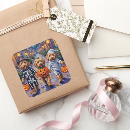 Goldendoodle-Trick-oder-Treating Halloween-Kostüme Quadratischer Aufkleber (Schenken)
