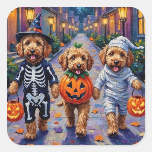 Goldendoodle-Trick-oder-Treating Halloween-Kostüme Quadratischer Aufkleber (Vorderseite)