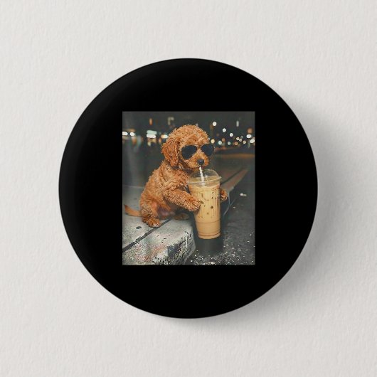 Goldendoodle trinkt Eiskaffee lustiger Hunde-MemeG Button (Vorderseite)