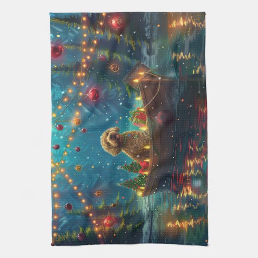 Goldendoodle Weihnachten Feierliche Reise Geschirrtuch (Vertikal)