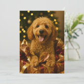 Goldendoodle-Weihnachtskarte Einladung (Stehend Vorderseite)