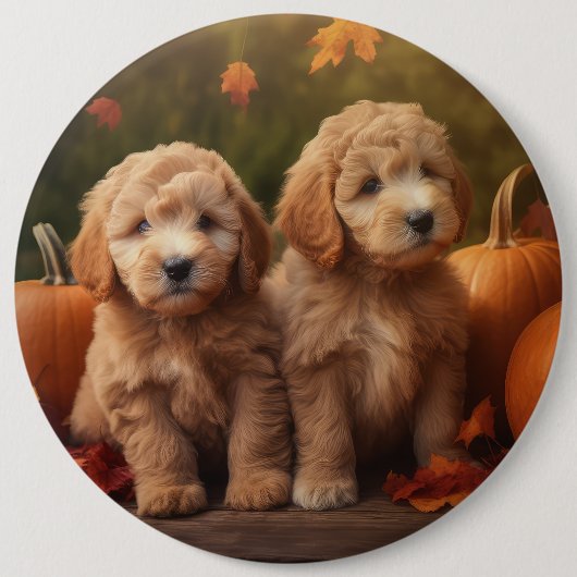 Goldendoodle Welpe Herbst Kürbis Button (Vorderseite)