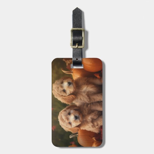 Goldendoodle Welpe Herbst Kürbis Gepäckanhänger (Vorderseite vertikal)