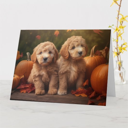 Goldendoodle Welpe Herbst Kürbis Karte (Gelbe Blume)