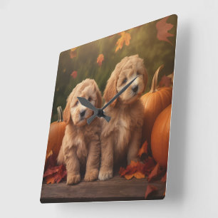 Goldendoodle Welpe Herbst Kürbis Quadratische Wanduhr