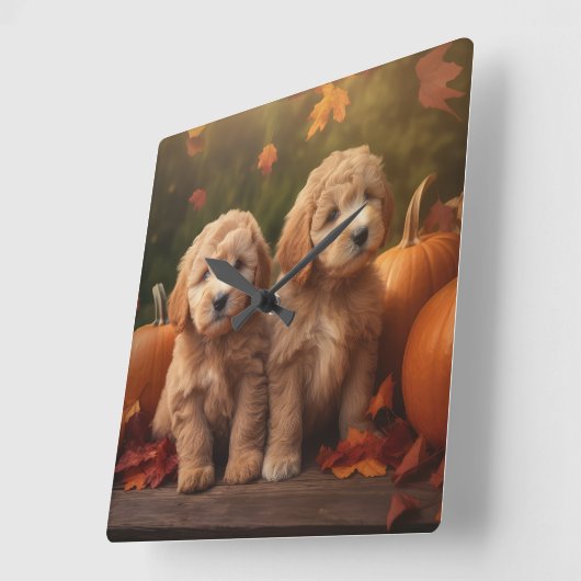 Goldendoodle Welpe Herbst Kürbis Quadratische Wanduhr (Winkel)