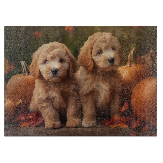Goldendoodle Welpe Herbst Kürbis Schneidebrett (Vorderseite)