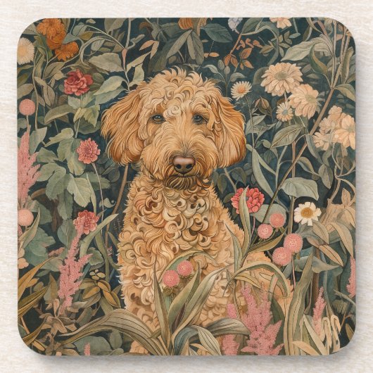 Goldendoodle Welpe in William Morris Style Garden Getränkeuntersetzer (Vorderseite)