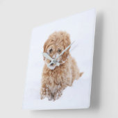 Goldendoodle Welpe mit Schnee im Gesicht Quadratische Wanduhr (Winkel)