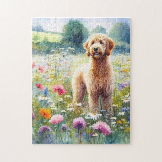 Goldendoodle-Wildblume-Feld Wasserfarbe Puzzle (Vertikal)